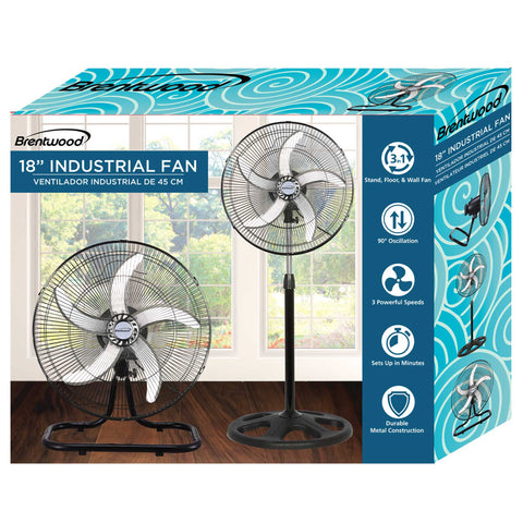 Wholesale-Brentwood F1831B Kool Zone 3-in-1 Speed Industrial Fan 18" (Black)-Fans-Electro Vision Inc