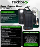 Wholesale-Techbro PTB1010 Solar Power Bank 10,000 mAh with USB-C Cable Included-Power Bank-Electro Vision Inc