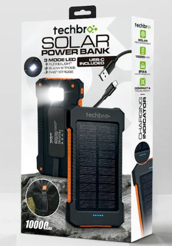 Wholesale-Techbro PTB1010 Solar Power Bank 10,000 mAh with USB-C Cable Included-Power Bank-Electro Vision Inc