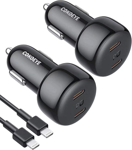 COKOEYE 40W Dual USB-C Port Car Phone Charger with Lightning to USB-C Cable - 2 Pack