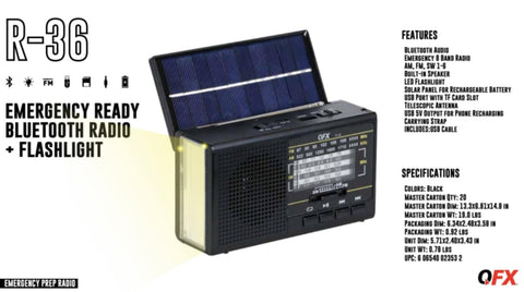 QFX R36 Portable Rechargeable Solar Radio with Flashlight