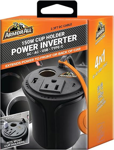 Armor All API81004BLK 150W Cup Holder Power Inverter, DC AC USB Type-C