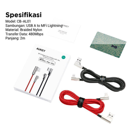Wholesale-AUKEY CB-AL01 6.6ft 90 Degree Braided USB-A to Lightning Cable - 2 pack-Cable-Electro Vision Inc