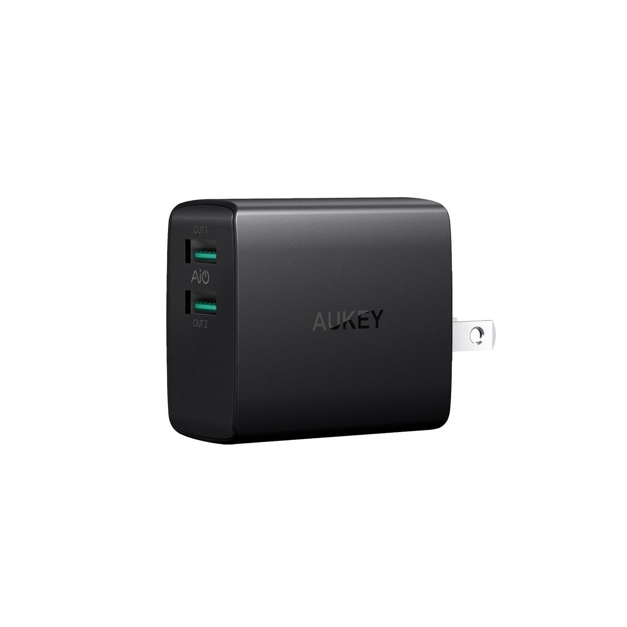 Wholesale-AUKEY - PAU42 Wall Charger, Mini Compact Dual Port Adapter with Foldable Plug Black-Charger-Electro Vision Inc