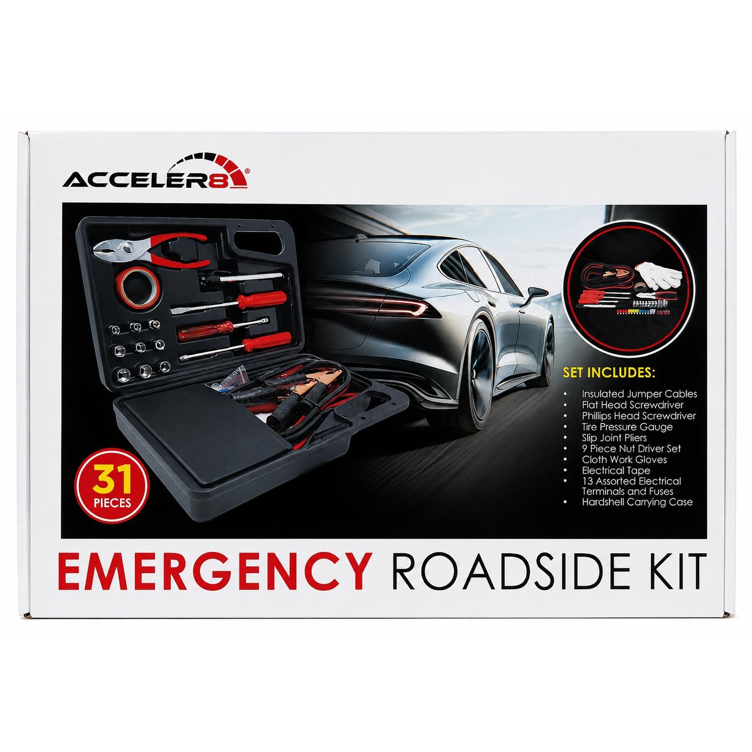 Wholesale-Accelr8 E681 Emergency Roadside Toolkit (31 Pc) - Black-Auto Emergency Kit-Electro Vision Inc