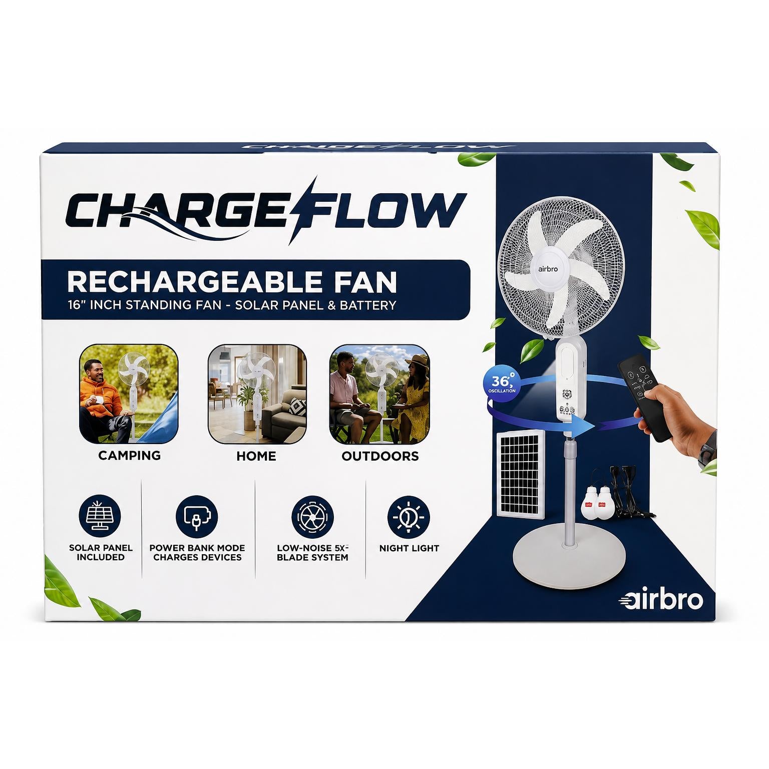 Wholesale-Airbro FSA160 Rechargeable Fan with Solar Panel 16"-Rechargeable Fan-Electro Vision Inc