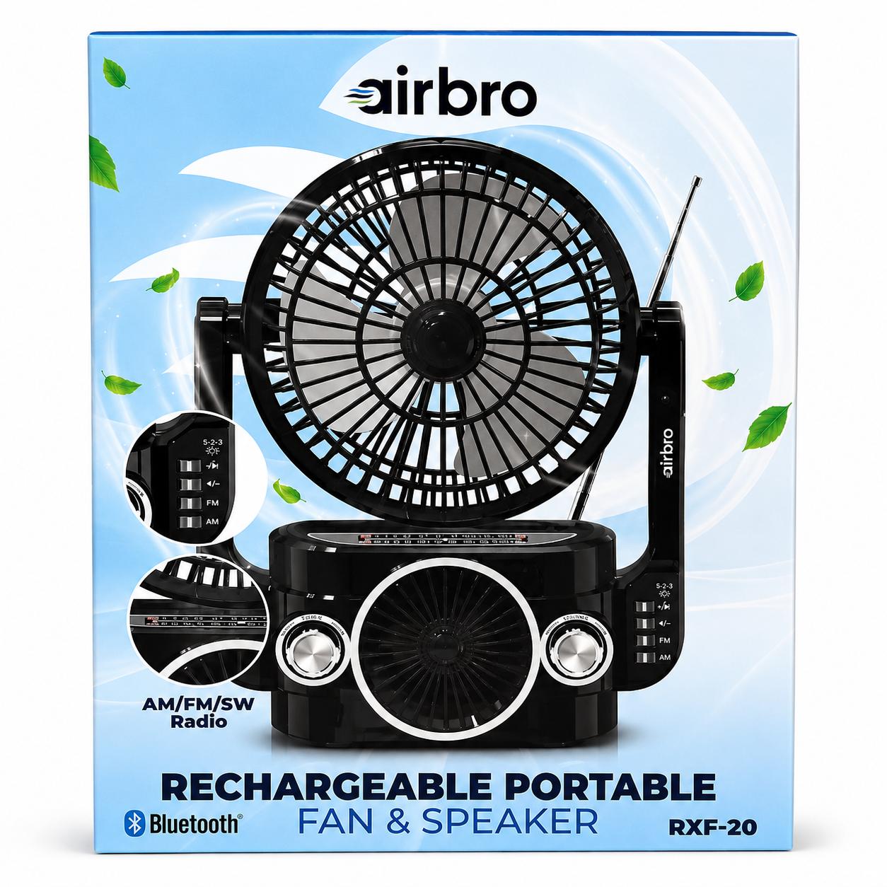Wholesale-Airbro RXF-20 Rechargeable Portable Fan & Bluetooth Speaker - 5"-Speaker Fan-Electro Vision Inc