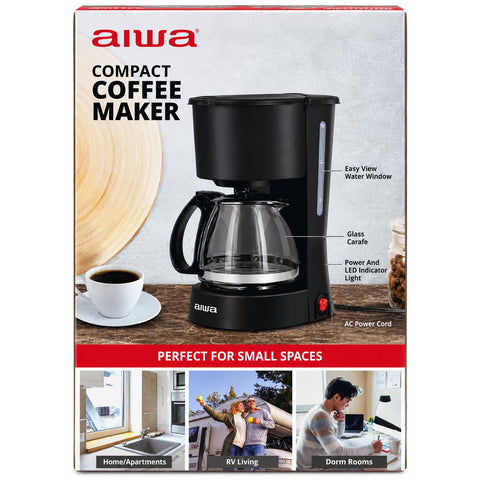 Wholesale-Aiwa WCF11007BLK Compact Coffee Maker, 6 Cup (22 oz), Reusable Filter, Coffee Scoop, Non-Stick Warming Plate - Black-Coffee Maker-Electro Vision Inc