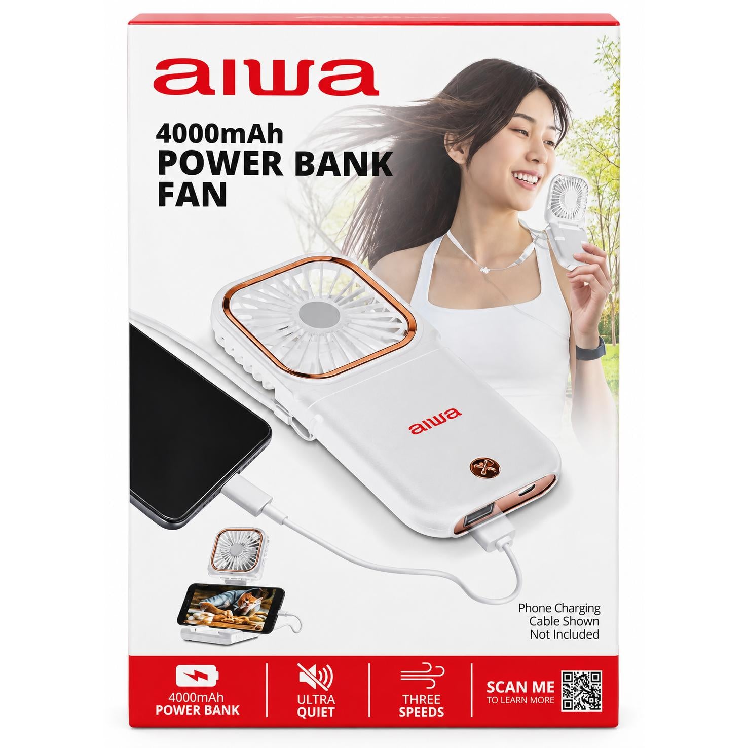 Wholesale-Aiwa WPF41008WHT 5-in-1 Phone Holder Fan with Power Bank 4000mAh - White-Callphone Holder-Electro Vision Inc