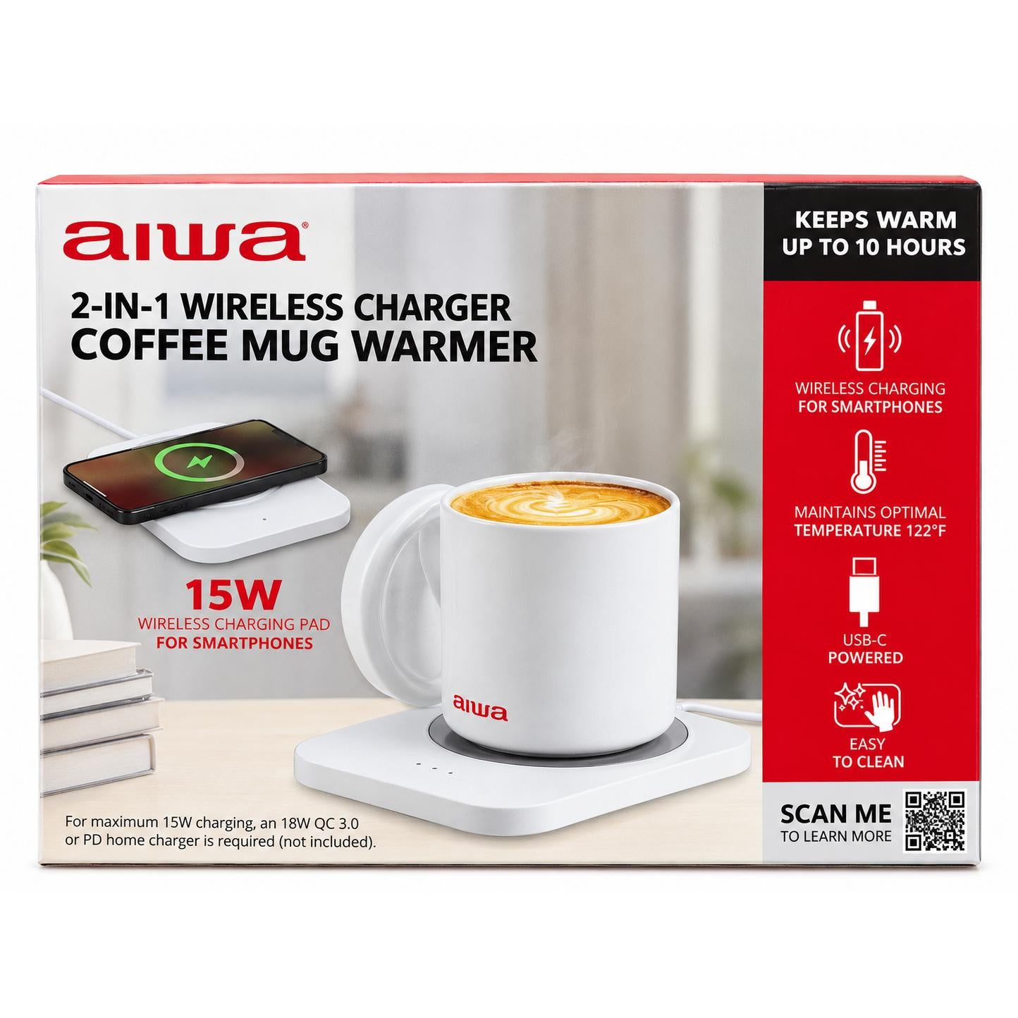 Wholesale-Aiwa WTK11013WHT Wireless Charging Pad and Coffee Mug Warmer 15W - White-Charging Pad-Electro Vision Inc