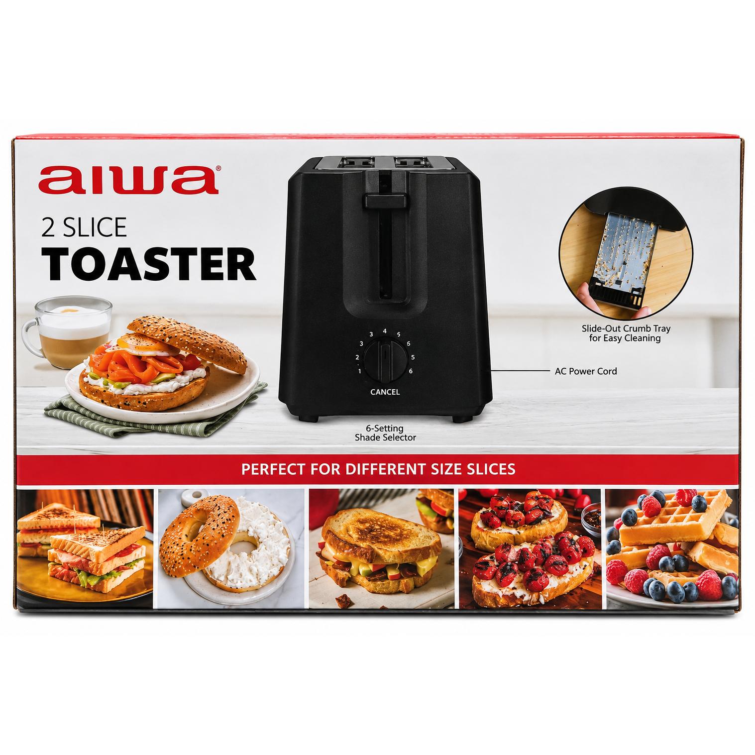 Wholesale-Aiwa WTO11022BLK Toaster (2 Slice) w/ 6 Setting Shade Selector, Slide-Out Crumb Tray - Black-Toaster-Electro Vision Inc