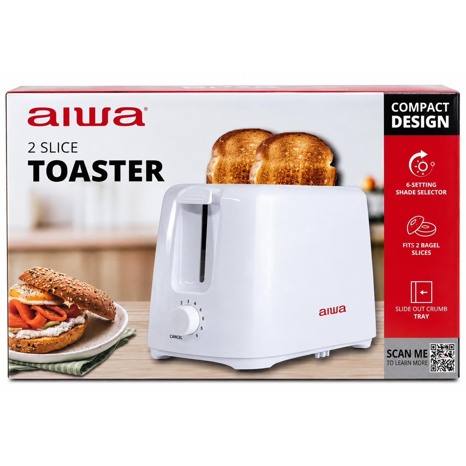 Wholesale-Aiwa WTO11022WHT Toaster (2 Slice) w/ 6 Setting Shade Selector, Slide-Out Crumb Tray - White-Toaster-Electro Vision Inc