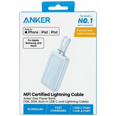 Wholesale-Anker A1680H Power Bank w/ Built In USB-C and Lightning Cable 10000mAh 30W - Blue-Power Bank-Electro Vision Inc