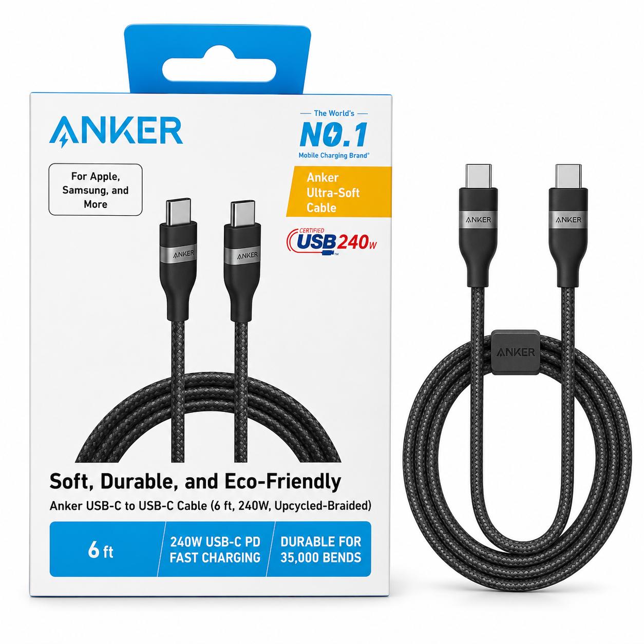Wholesale-Anker A82E2H12 USB-C to USB-C Cable (6FT, 240W, Upcycled-Braided)-USB Cable-Electro Vision Inc