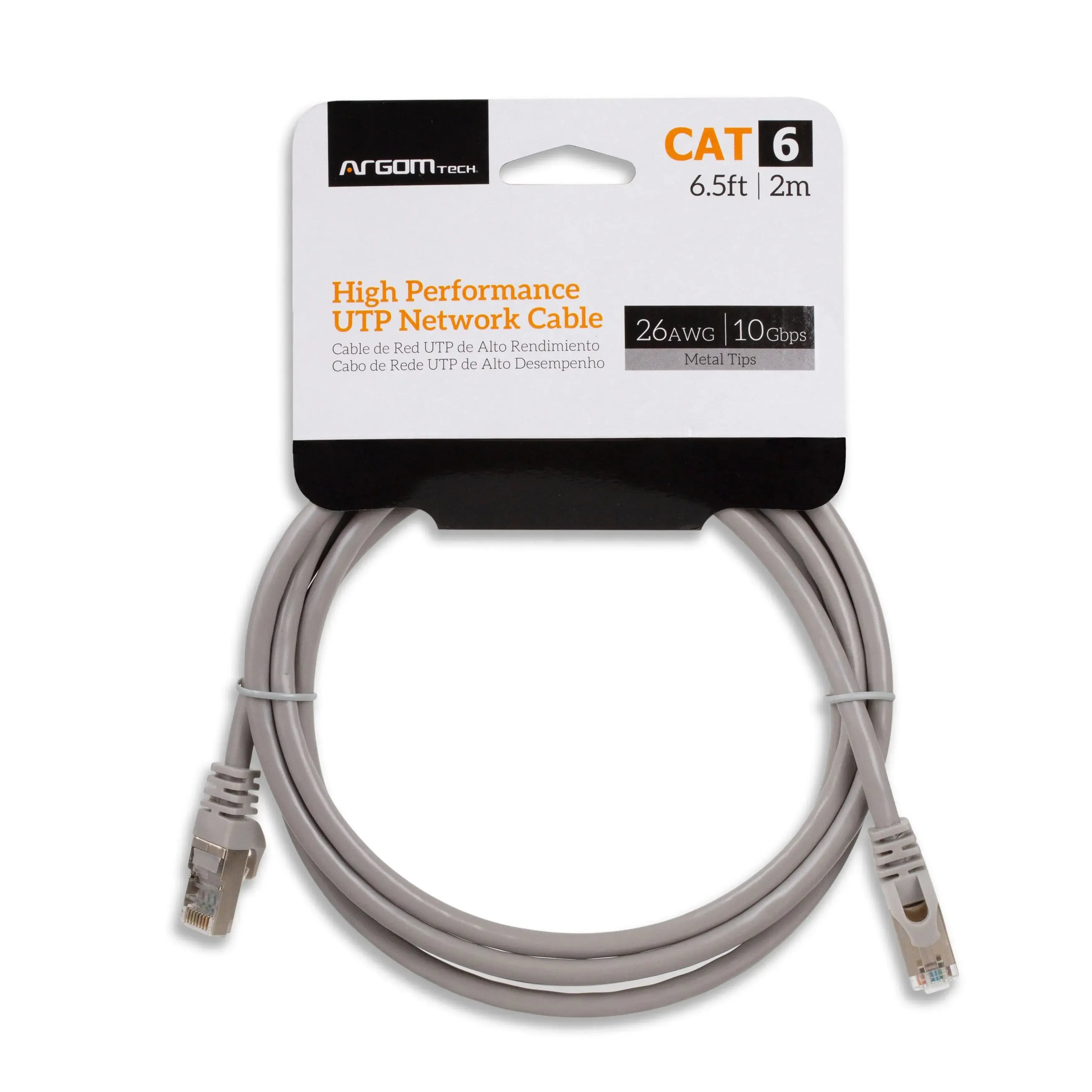 Wholesale-Argom CB-1553 Network Cable Cat6 Metal Tips 6.5ft 2m Grey-Network Cable-Electro Vision Inc