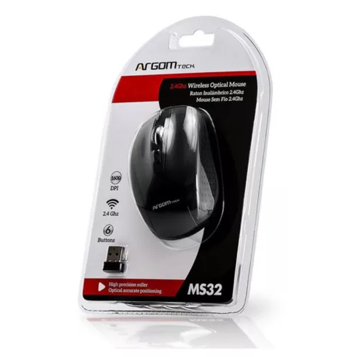 Wholesale-Argom MS-0032B Wireless Optical Mouse 2.4GHz, 800/1600 DPI, 6 Buttons, Black-Wireless Mouse-Electro Vision Inc