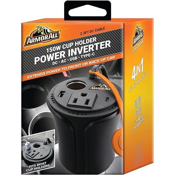 Wholesale-Armor All API81004BLK 150W Cup Holder Power Inverter, DC AC USB Type-C-Power Inverter-Electro Vision Inc