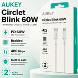 Wholesale-Aukey 60WCC Circlet Blink 60W 1.8M BRAIDED C-to-C Cable CB-DCC066 (C9 AUKEY A) - White-USB Cable-Electro Vision Inc