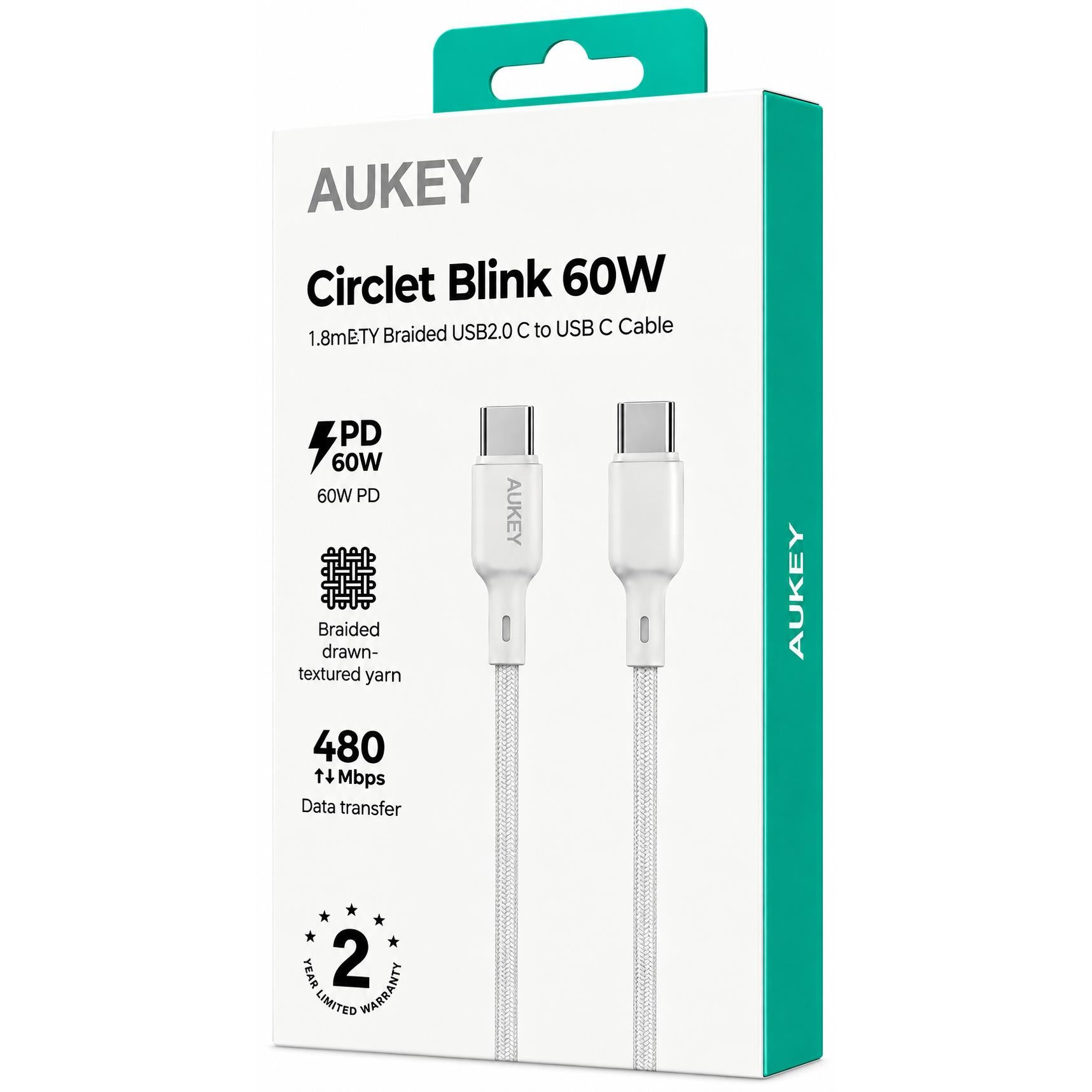Wholesale-Aukey 60WCC Circlet Blink 60W 1.8M BRAIDED C-to-C Cable CB-DCC066 (C9 AUKEY A) - White-USB Cable-Electro Vision Inc