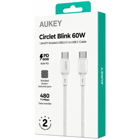 Wholesale-Aukey 60WCC Circlet Blink 60W 1.8M BRAIDED C-to-C Cable CB-DCC066 (C9 AUKEY A) - White-USB Cable-Electro Vision Inc