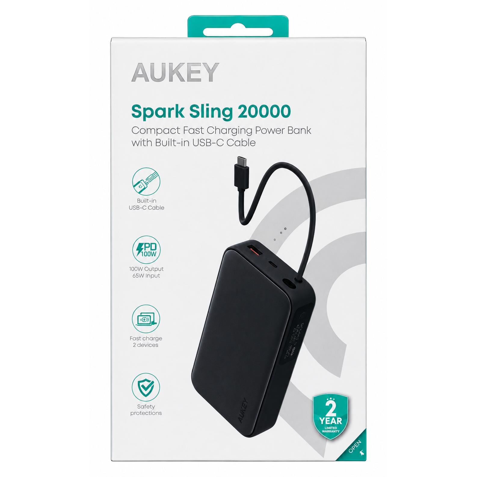 Wholesale-Aukey PB-Y48 Spark Sling 20000mAh Power Bank with Built-in USB-C Cable-Power Bank-Electro Vision Inc