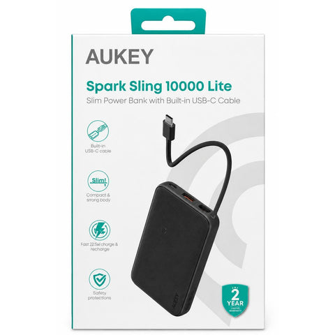 Wholesale-Aukey PB-Y53 Spark Sling 10000 Lite Slim Power Bank with Built-in USB-C-Power Bank-Electro Vision Inc