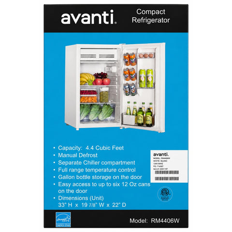 Wholesale-Avanti RM4406W Compact Refrigerator 4.4 CF - White-Refrigerator Freezer-Electro Vision Inc