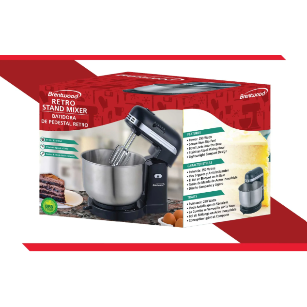 Wholesale-BRENTWOOD SM1162 RETRO STAND MIXER 3 QT STAINLESS STEEL-Electro Vision Inc