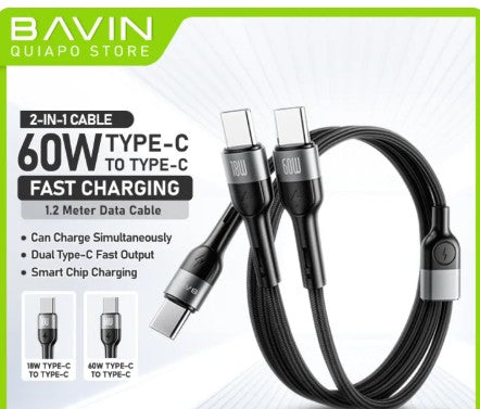 Wholesale-Bavin CB378TC Fast Charging 60W 2-in-1 Type-C Cable-USB Cable-Electro Vision Inc