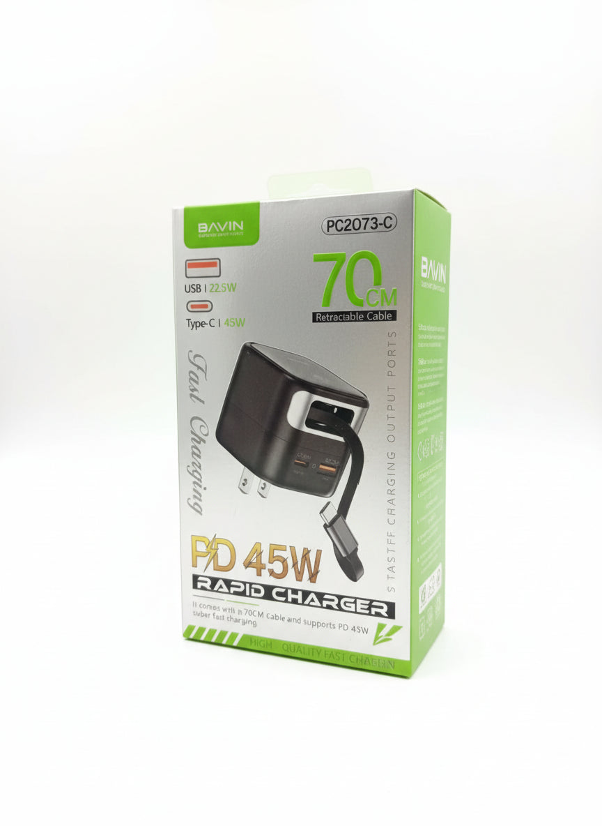 Wholesale-Bavin PC2073C PD 45W Fast Charging Built-in 70cm Retractable Lead-Charger Block-Electro Vision Inc