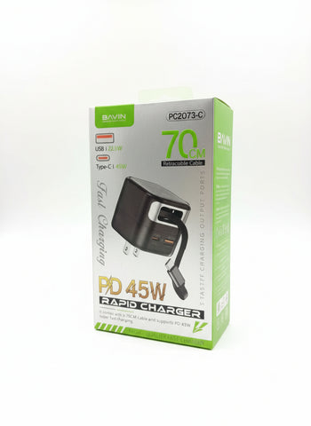 Wholesale-Bavin PC2073C PD 45W Fast Charging Built-in 70cm Retractable Lead-Charger Block-Electro Vision Inc