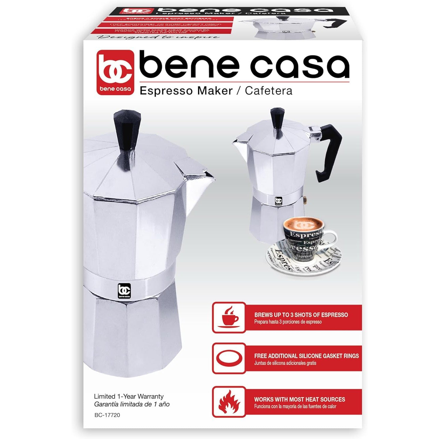 Wholesale-Bene Casa 17720 - 3 Cup Aluminum Espresso Maker-Pot Espresso-Electro Vision Inc
