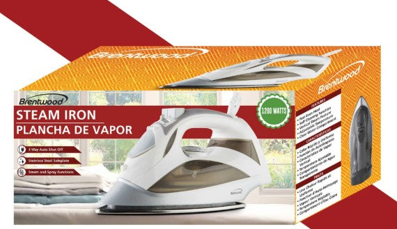Wholesale-Brentwood MPI90-White Steam Iron with Auto Shut-Off - White-Iron-Electro Vision Inc