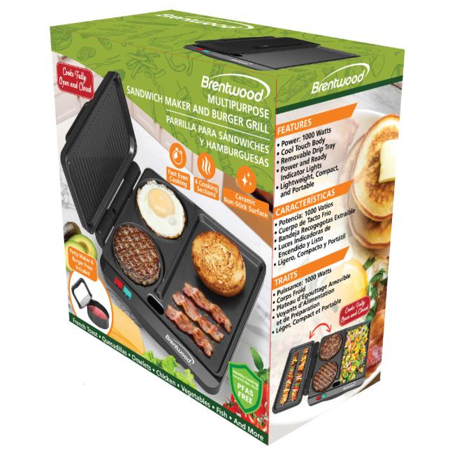Wholesale-Brentwood TS812BK Multi Purpose Sandwich Maker & Burger Grill-Electric Grill-Electro Vision Inc