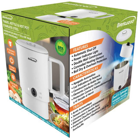 Wholesale-Brentwood kT1504W Travel Kettle & Hot Pot 27 OZ - Stainless Steel-Travel Kettle-Electro Vision Inc