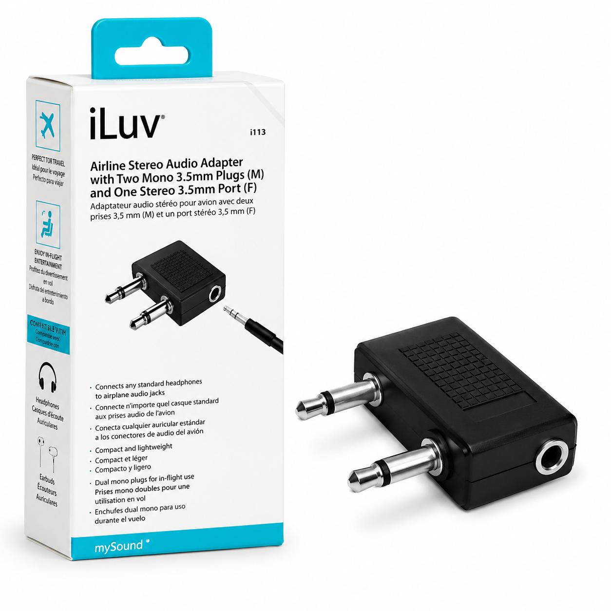 Wholesale-iLUV I113BK Airline Audio Adaptor - Black-Audio Adapter-Electro Vision Inc