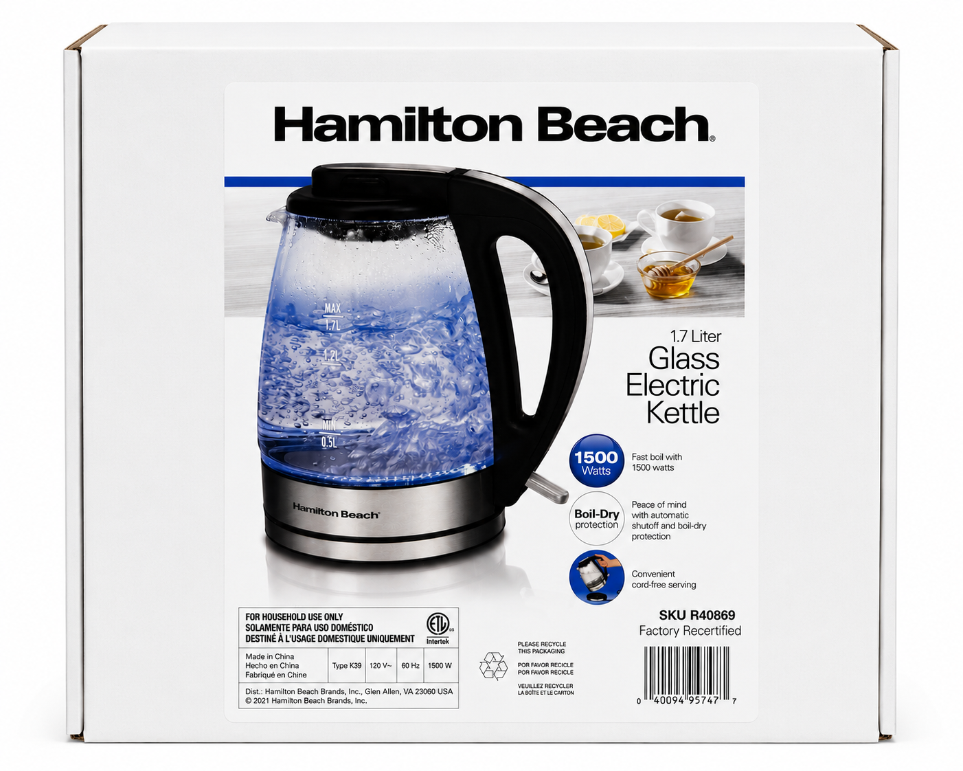 Hamilton Beach 40869-RB Glass Kettle 1.7L -  Certified Refurbished