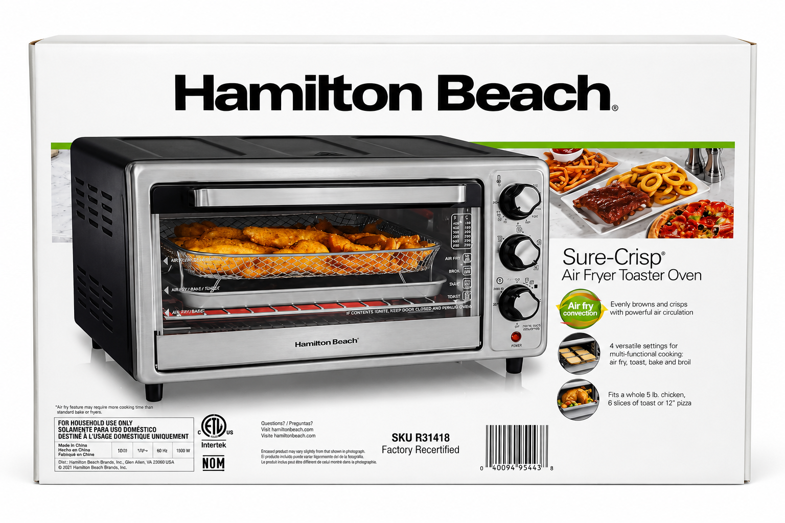 Hamilton Beach 31418-R/B Air Fryer Countertop 6 Slice Toaster Oven - CERTIFIED REFURBISHED