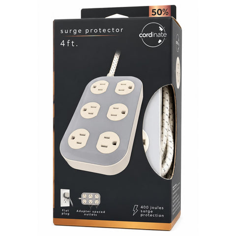 Wholesale-Coordinate 78844 Surge Protector 6 Outlet, 490J, Braided Cord, 4ft - Cream and Gray-Surge Protector-Electro Vision Inc