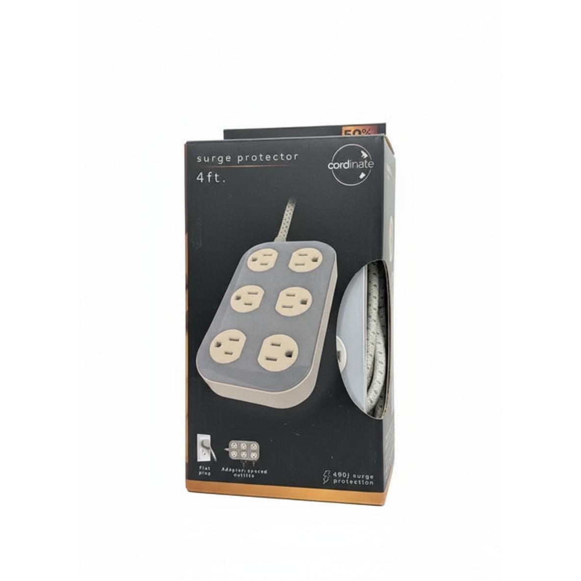 Wholesale-Coordinate 78844 Surge Protector 6 Outlet, 490J, Braided Cord, 4ft - Cream and Gray-Surge Protector-Electro Vision Inc