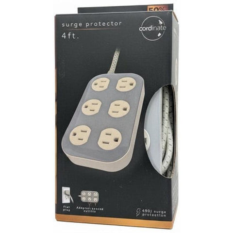 Wholesale-Coordinate 78844 Surge Protector 6 Outlet, 490J, Braided Cord, 4ft - Cream and Gray-Surge Protector-Electro Vision Inc