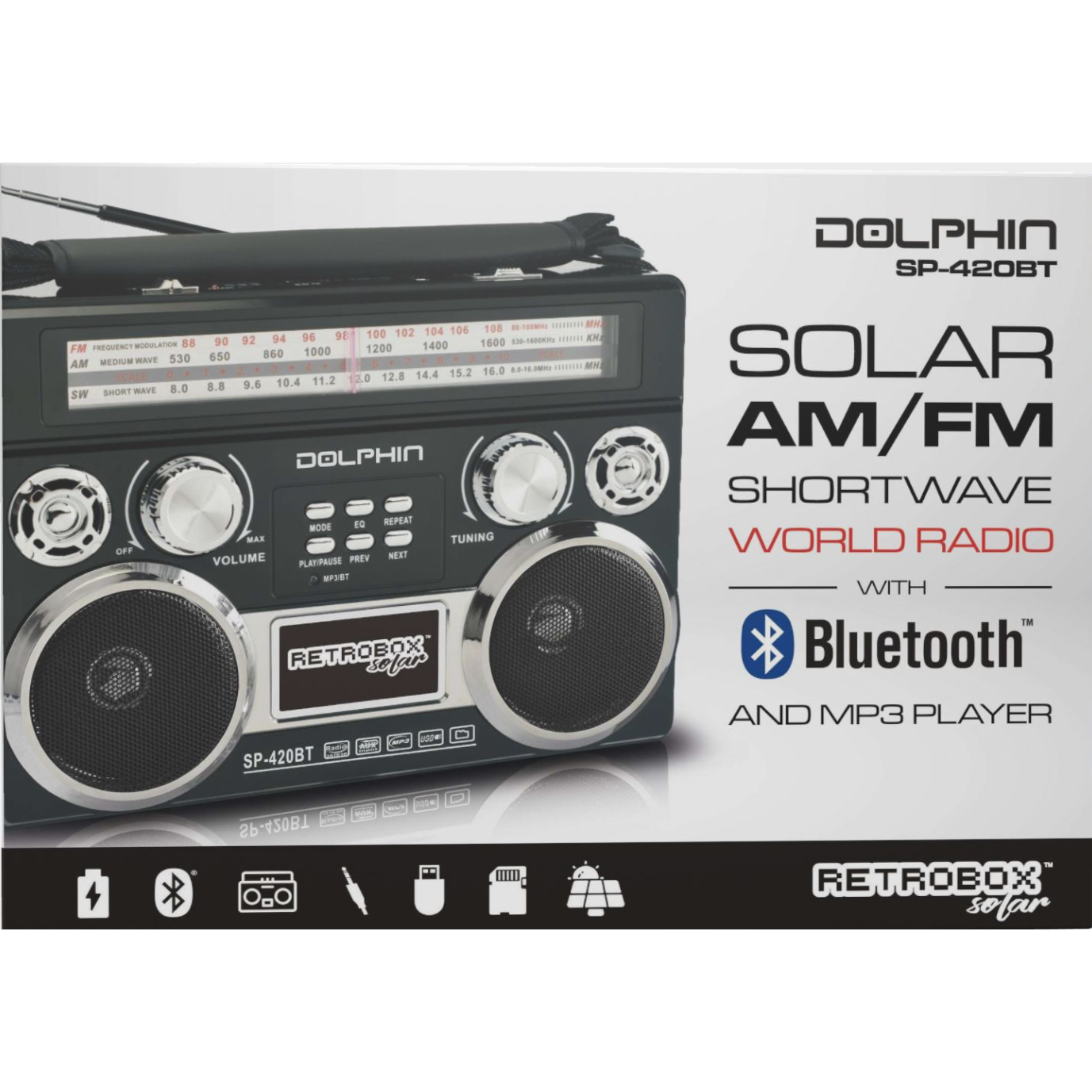 Wholesale-Dolphin DOL-SP420BTBK Retrobox Solar Rechargeable Speaker (Black) w/Bluetooth, AM/FM-Solar Speaker-Electro Vision Inc