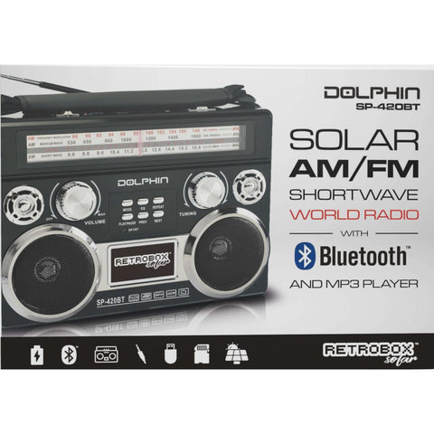 Wholesale-Dolphin SP420BTBK Retrobox Solar Rechargeable Speaker W/Bluetooth, AM/FM - Black-Solar Speaker-Electro Vision Inc