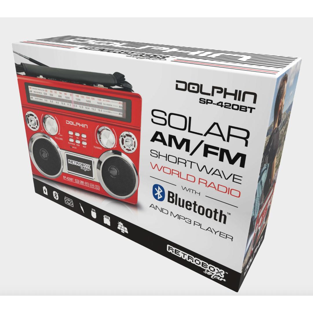 Wholesale-Dolphin SP420BTRD Retrobox Solar Rechargeable Speaker, Bluetooth, AM/FM - Red-Bluetooth Speaker System-Electro Vision Inc