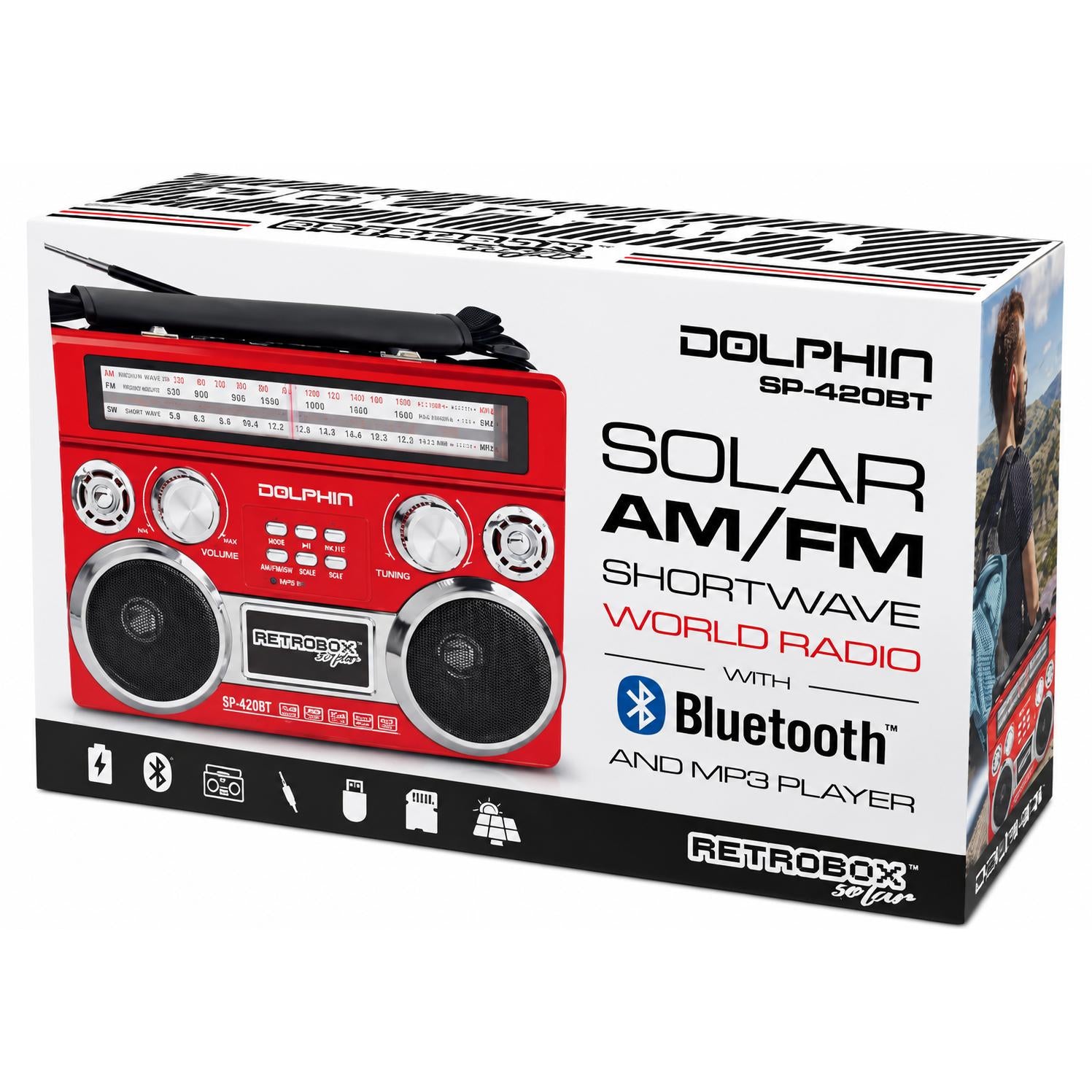 Wholesale-Dolphin SP420BTRD Retrobox Solar Rechargeable Speaker, Bluetooth, AM/FM - Red-Bluetooth Speaker System-Electro Vision Inc
