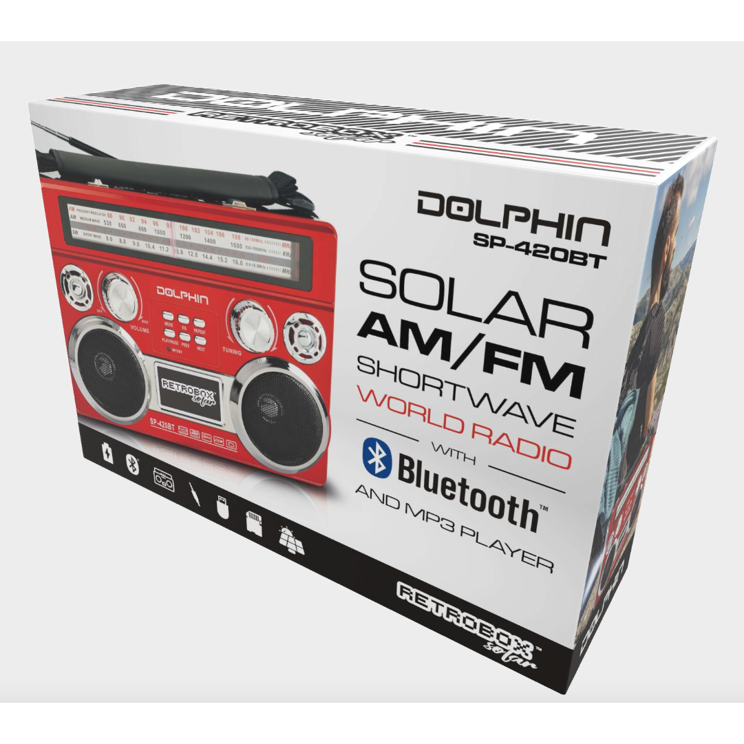 Wholesale-Dolphin SP420BTRD Retrobox Solar Rechargeable Speaker Red-Bluetooth Speaker System-Electro Vision Inc