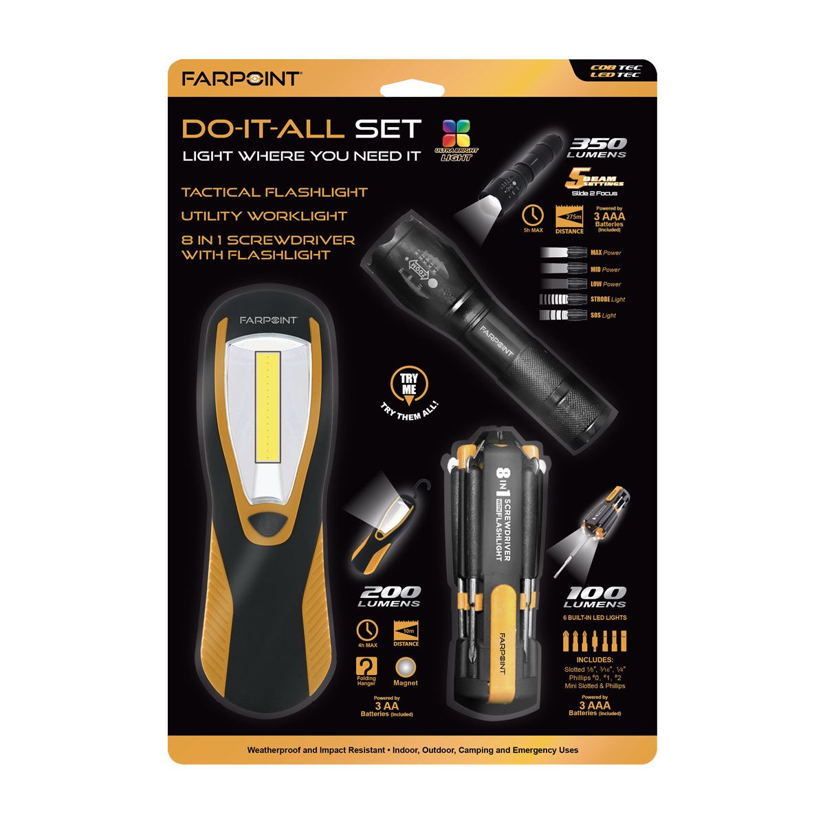 Wholesale-Farpoint FL330806 Worklight, Flashlight, 8 in 1 LED Screwdriver-Flashlight Screwdriver-Electro Vision Inc