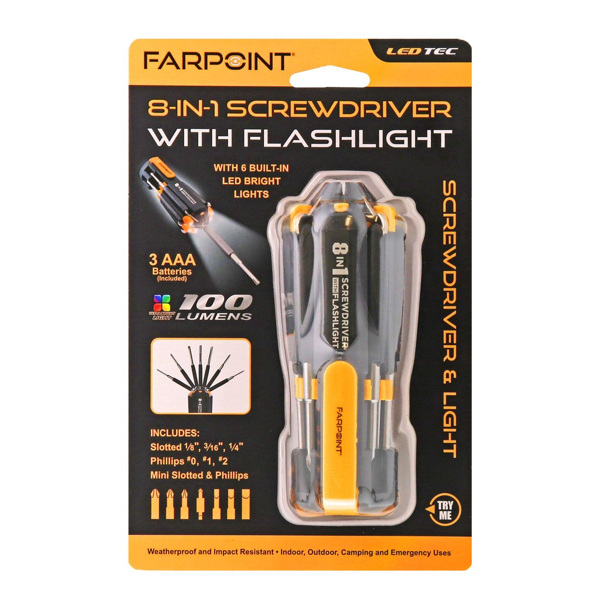 Wholesale-Farpoint FL81412 Screwdriver with Flashlight - 8 in 1-Electro Vision Inc