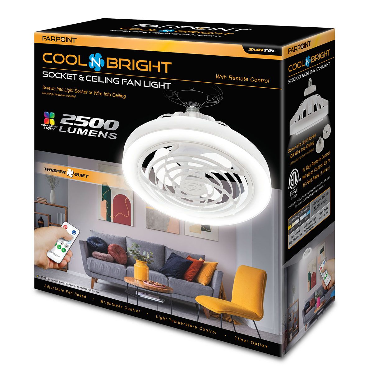 Wholesale-Farpoint FLFB25004 Cool-N-Bright Socket & Ceiling Fan Light 2500 Lumens-Ceiling Light-Electro Vision Inc
