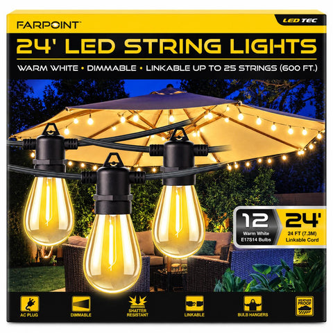 Wholesale-Farpoint FLLS241206 LED 12 String Lights E17 Bulb, Link Up to 25 Strands 24 Ft-Light Strip-Electro Vision Inc